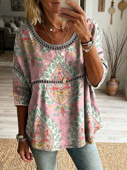 Women's Retro Ethnic Floral Art Print Casual Round Neck Shirt