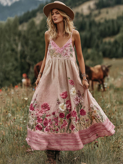 Love & Health Collection Retro Western Women Style Vintage Gradient Pink Striped And Floral Patchwork Art Linen Suspender Dress