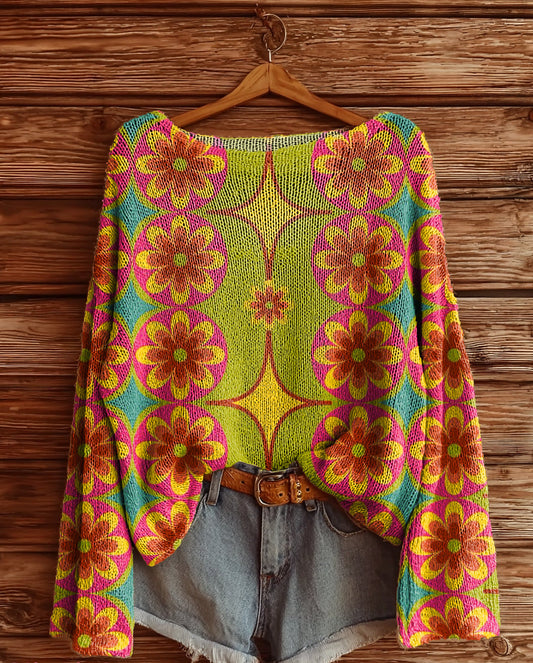 Women's Hippie Bohemian Floral Art Print Casual Pullover Sweater
