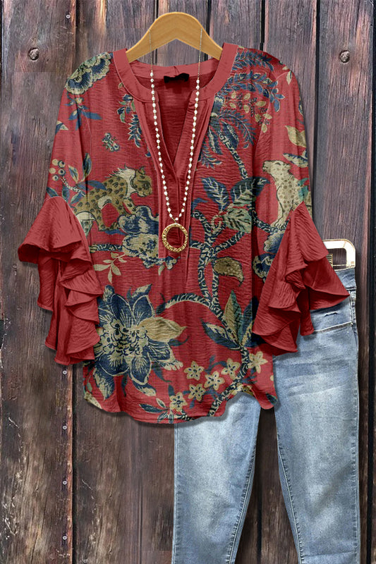 Retro Floral Print Ruffle Sleeve Top