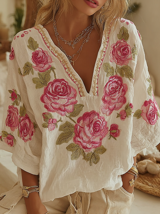 Women's Vintage Floral Embroidery Art V-neck T-shirt
