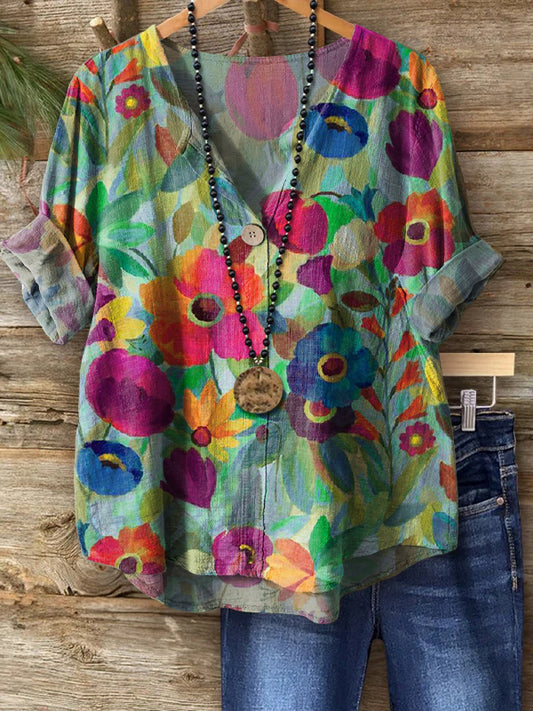 Women's Floral Art Print Casual Cotton Linen Shirt