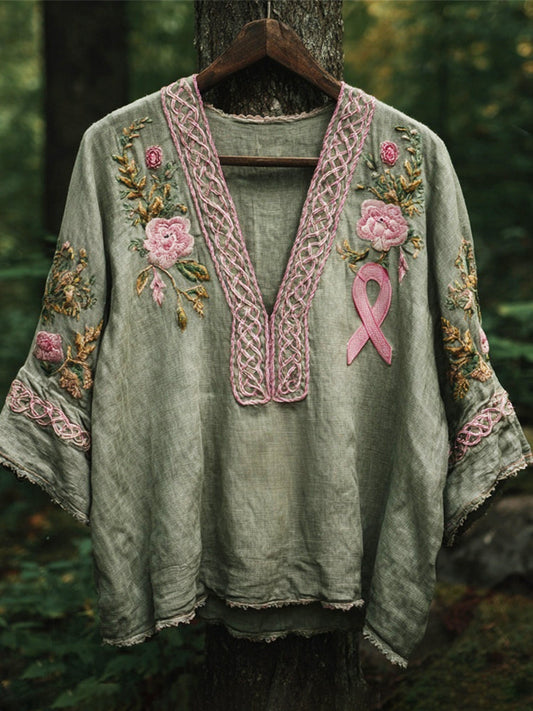 Vintage Celtic Knot Floral Embroidery Pink Ribbon Awareness Women's Linen V-neck Shirt