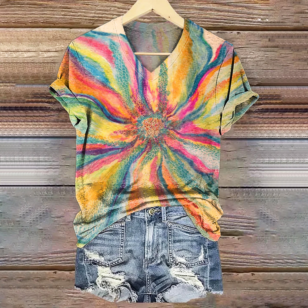 Women's Floral Art Print V-Neck Cotton T-Shirt