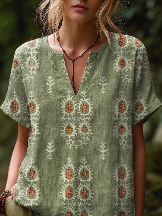 Ethnicity Totem Pattern Women's Art Print Casual Short-sleeve V-neck Cotton Linen Shirt