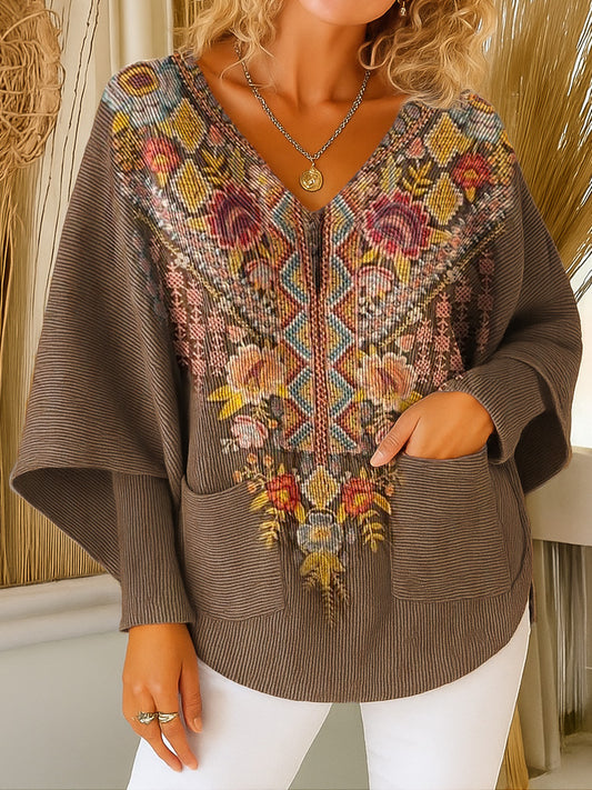 Bohemian Totem Ethnic Floral Art Print V-neck Pocket Knit Sweater