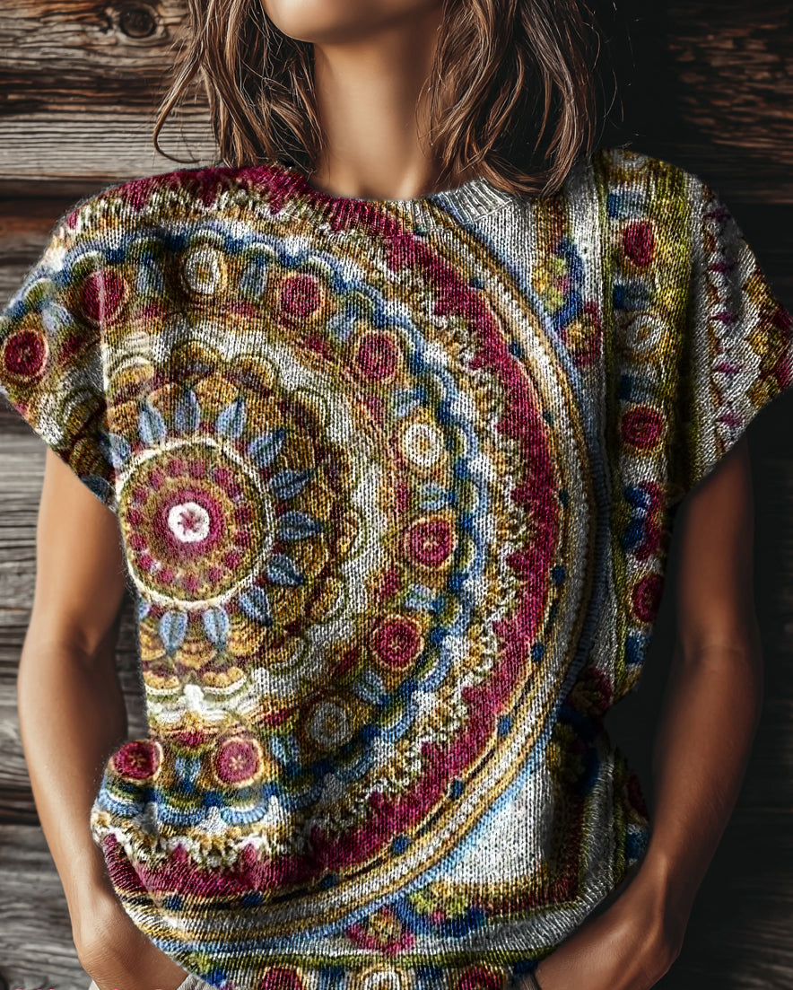 Women's Vintage Bohemian Floral Art Print Casual Crew Neck Short Sleeve Knitted Sweater