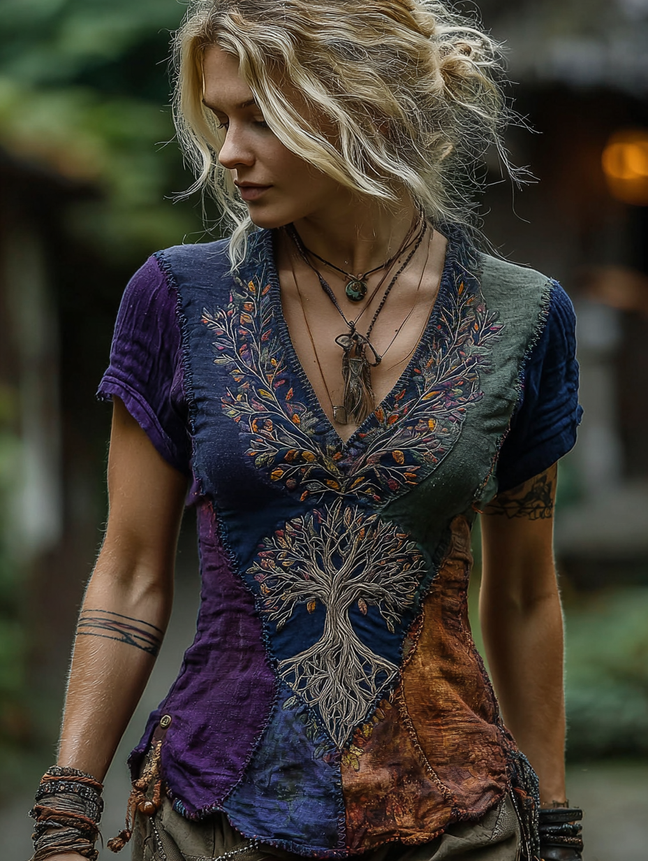 Men's Vintage Viking Tree Celtic Patchwork Linen Blend T-shirt