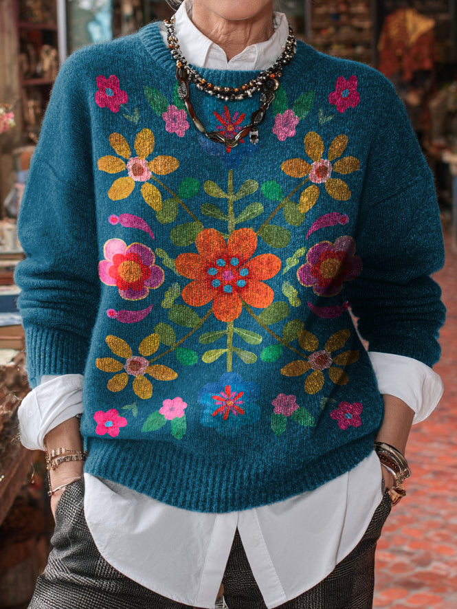 Ladies Retro Cute Blue Flower Art Printed Knit Leisure Pullover Sweater