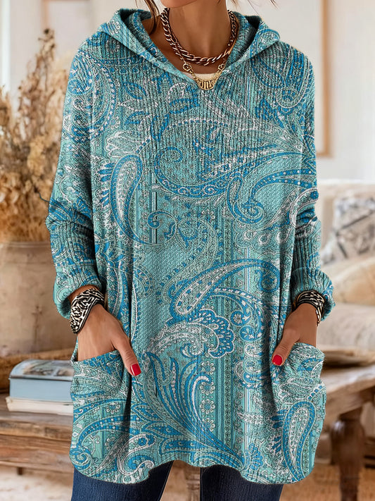 Women's Vintage Ethnic Blue Totem Floral Art Print Casual Knit With Pocket Hooded Top