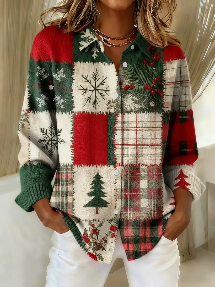 Women's Christmas Tree Patchwork Art Pattern Printed Knit Cardigan