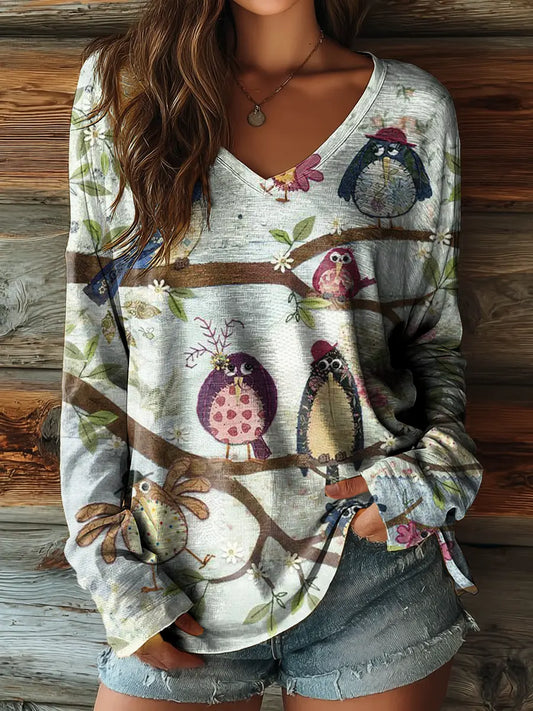 Women&#39;s Gentlemen&#39;s Birds Art Print Casual V-neck Long-sleeved T-shirt