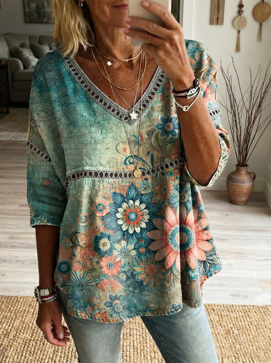 Women's Gradient Floral Art Print Casual V-neck Tie-front Top