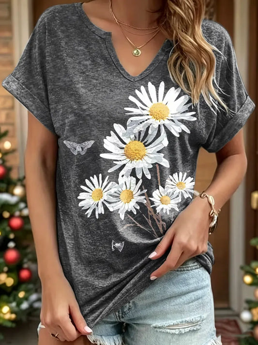 Women's Daisy Print V-Neck Cotton T-Shirt