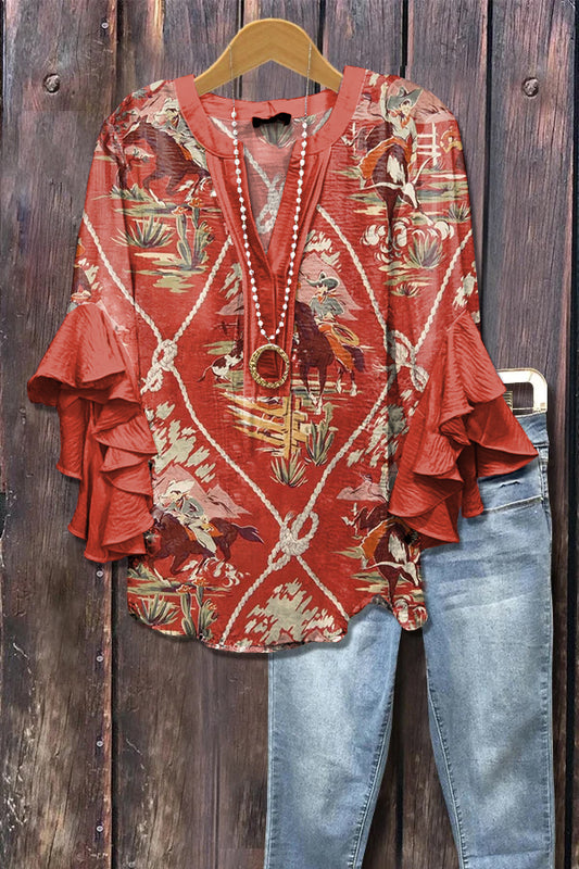 Vintage Western Horse Print Ruffle Sleeve Top