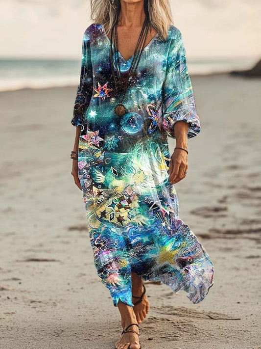 Women's Cosmic Starry Night Little Girl Pattern Art Print Pocket Cotton Dress