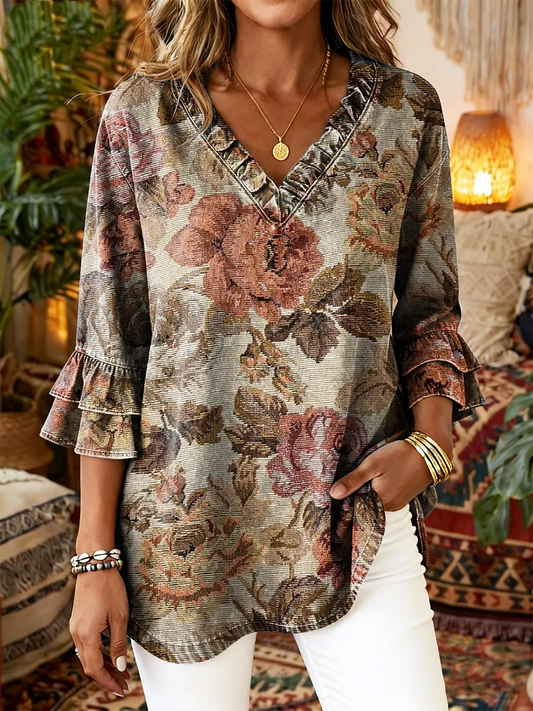 Ethnicity Retro Flowers Women's Art Print Casual V-neck Ruffled Washed Top