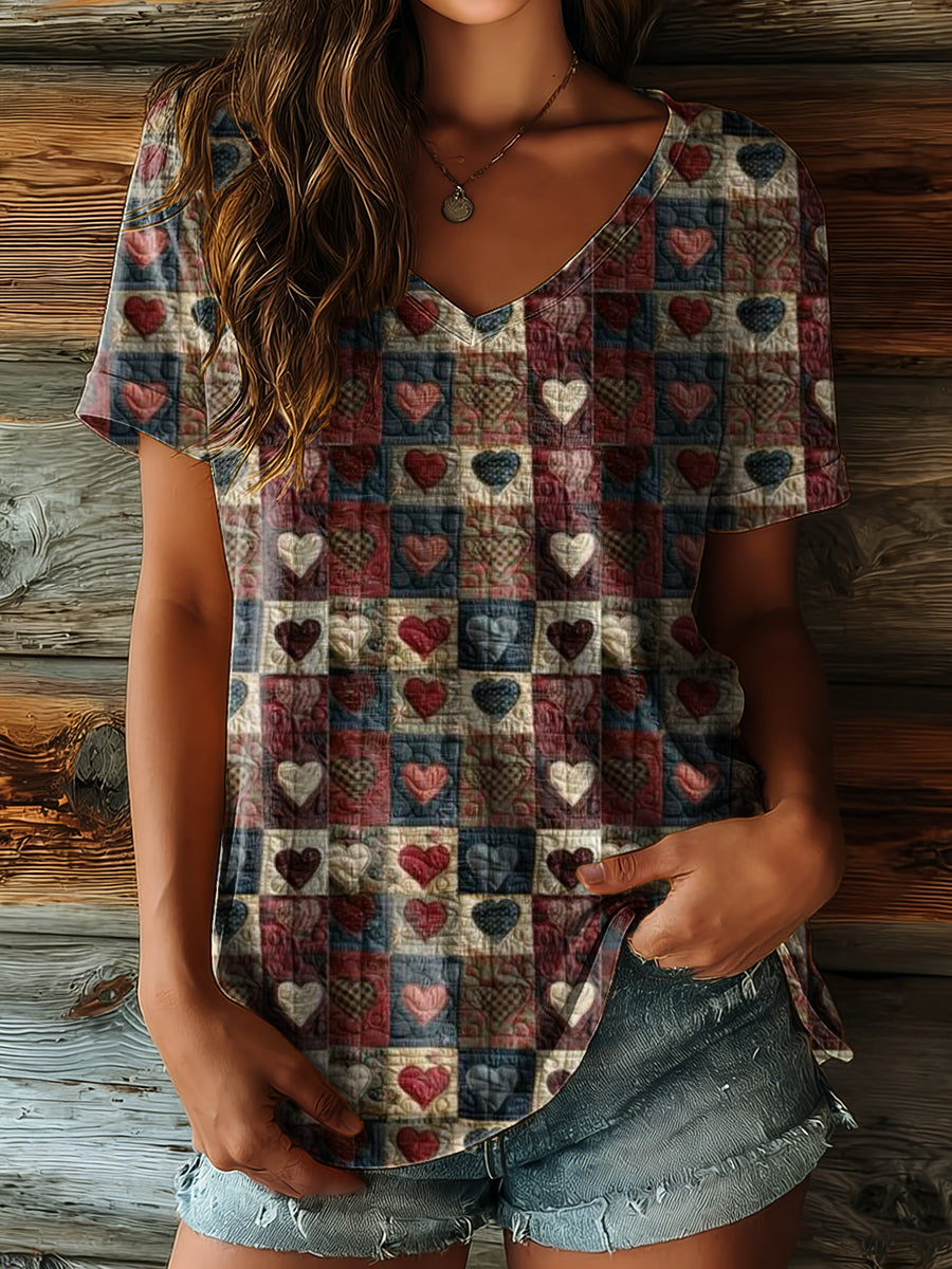 Women's Vintage Love Heart Collage Art Print Casual V-neck Cotton Short Sleeve T-shirt