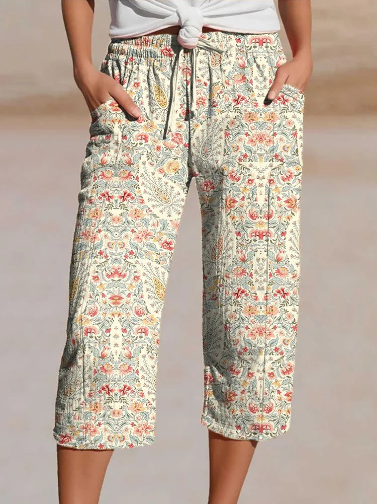 Women's Vintage Paisley Floral Art Print Casual Cotton And Linen Ruffle Shirt