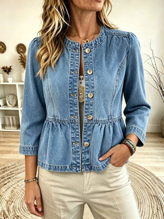 Women's Round Neck Three Quarter Sleeve Ruffle Peplum Denim Jacket