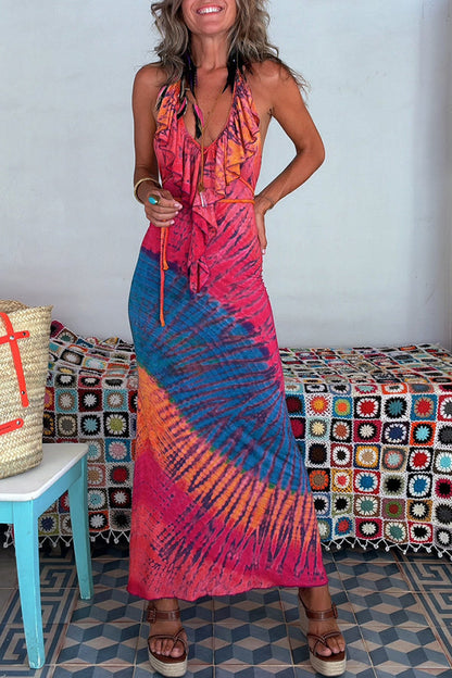 Tarik Tie-dye Print Ruffle Neck Halter Lace-up Backless Stretch Maxi Dress