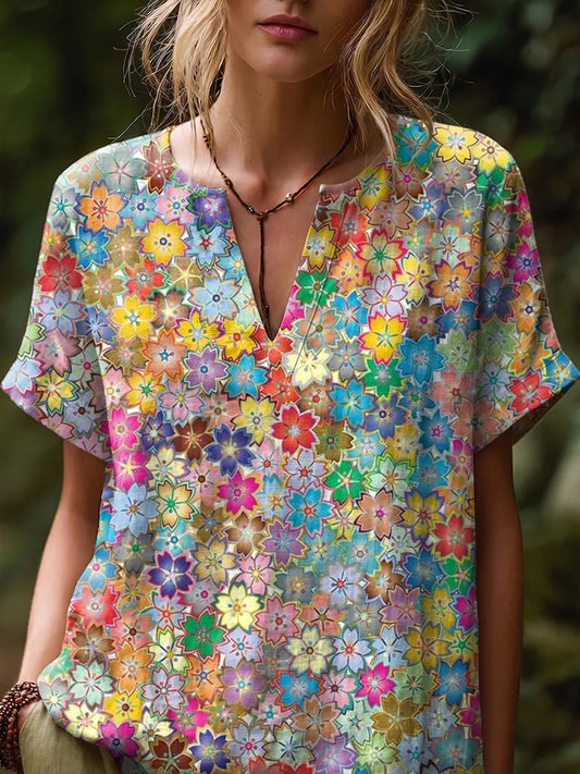 Ethnicity Colorful Flowers Women's Art Print Casual Short-sleeve V-neck Cotton Linen Shirt