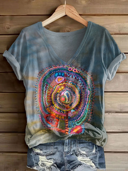 Women's Retro Ethnic Texture Art Print V-neck Casual T-Shirt