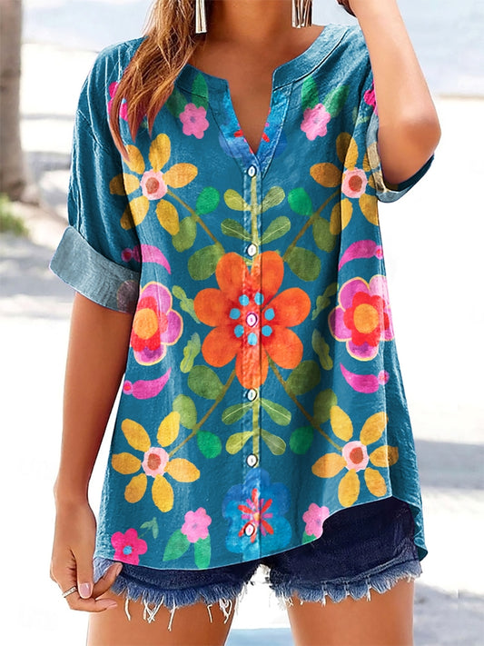 Women's Bohemian Floral Art Print Short Sleeve V-Neck Cotton and Linen Shirt