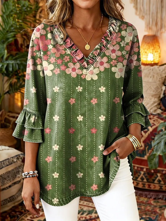 Ethnicity Bohemia Lines Flowers Women's Art Print Casual V-neck Ruffled Washed Top