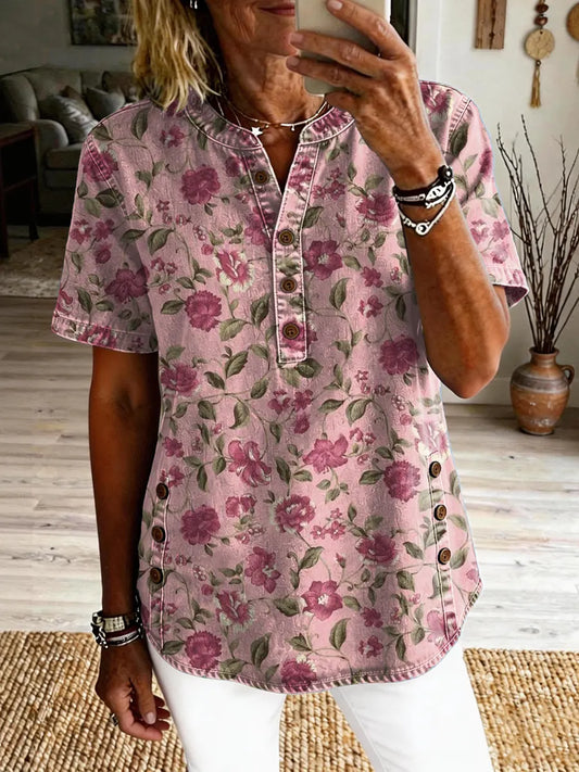 Women's Vintage Floral Art Print Casual Short-sleeve Washed Shirt