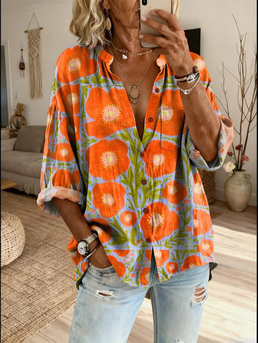 Women's Floral Art Print Casual Cotton-linen Blend Shirt