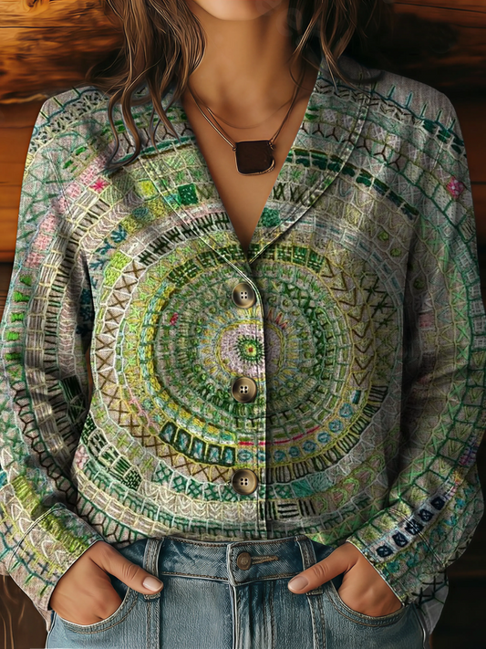 Women's Vintage Art Print Lapel Washed Denim Cotton Shirt