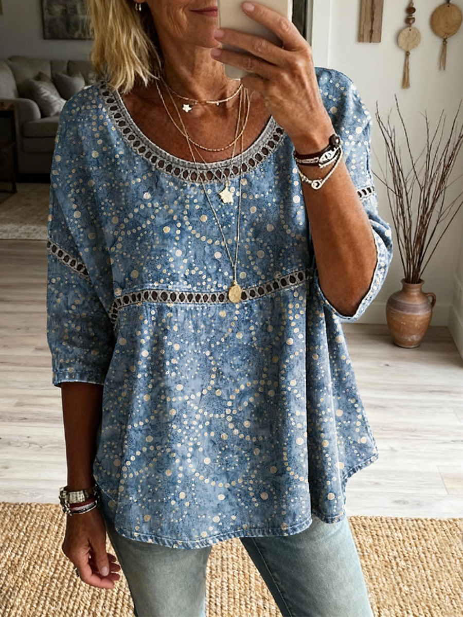 Women's Retro Ethnic Polka Dot Art Print Casual Round Neck Hollow-out Cotton Linen Top