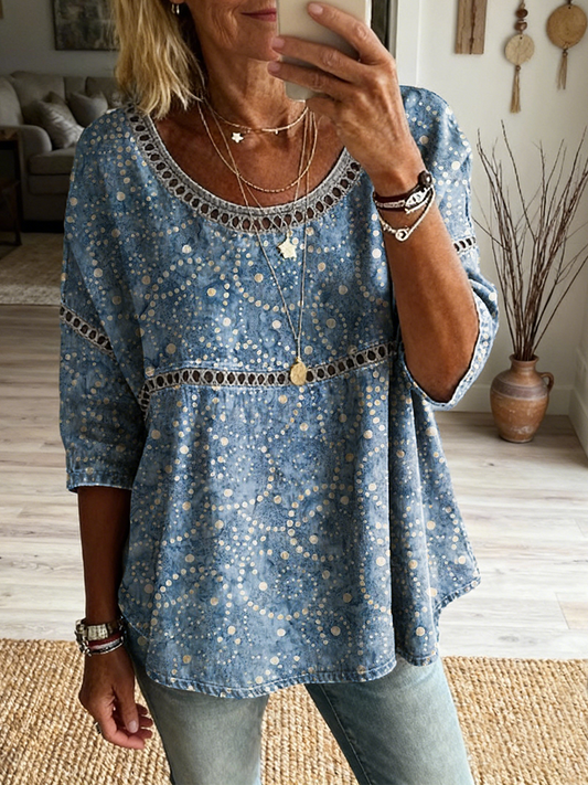 Women's Retro Ethnic Polka Dot Art Print Casual Round Neck Hollow-out Cotton Linen Top