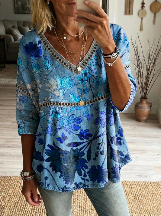 Women'sfloral Art Print Casual V-neck Tie-front Top