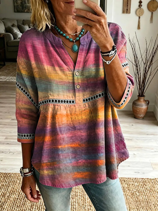 Women's Retro Oil Painting Tie-Dye Art Print Casual V-Neck Cutout Top