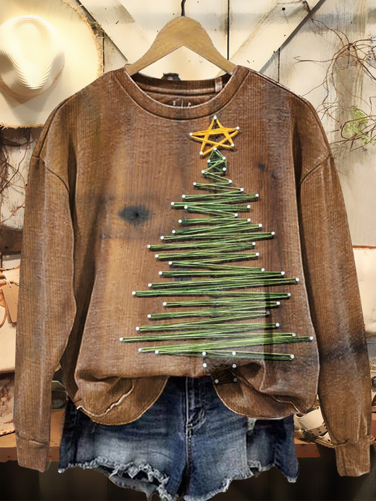 Women's Retro Christmas Art Print Casual Long Sleeve Crew Neck Sweatshirt