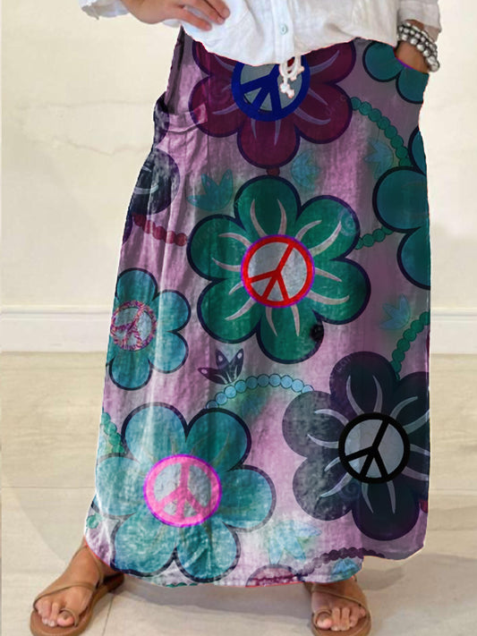 Women's Vintage Hippie Floral Print Casual Pocket Skirt