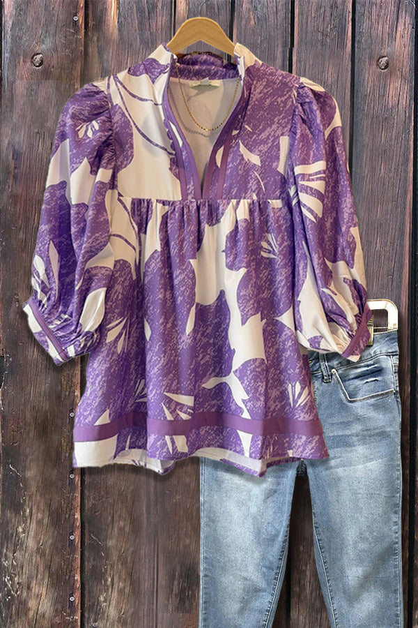 Elegant Floral Print Split Neck Balloon Sleeve Top