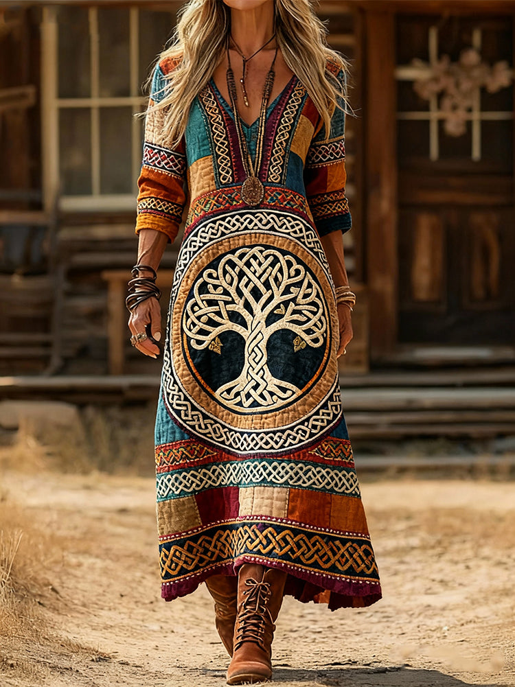 Women's Viking Tree of Life Art Print Casual V-Neck Long-Sleeve Cotton Dress