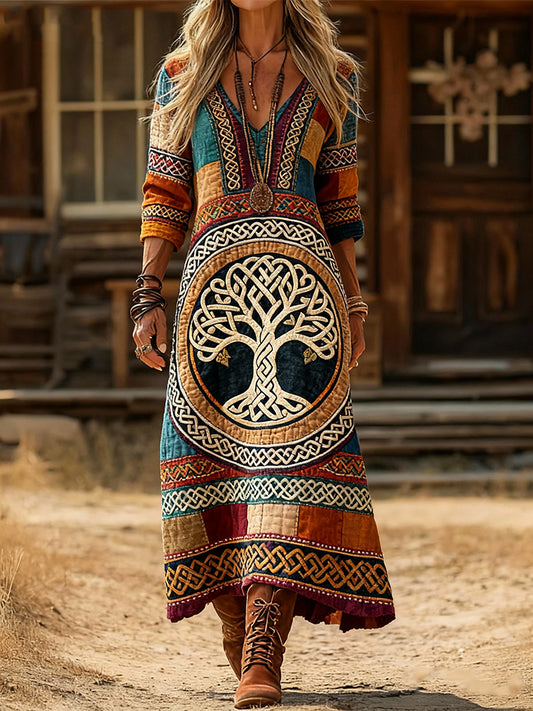 Women's Viking Tree of Life Art Print Casual V-Neck Long-Sleeve Cotton Dress