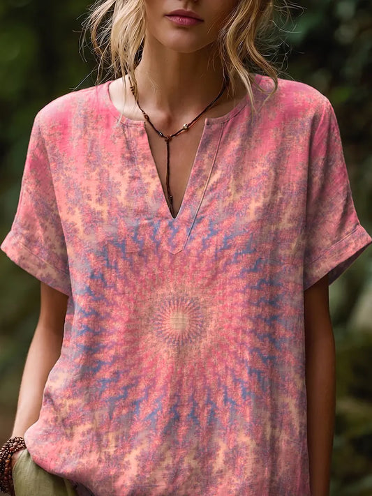 Ethnicity Kaleidoscope Women's Art Print Casual Short-sleeve V-neck Cotton Linen Shirt