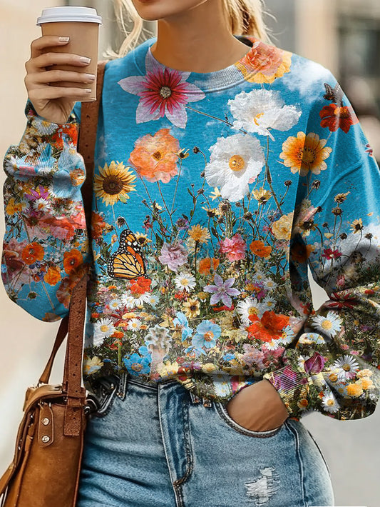 Vintage Floral Print Casual Sweatshirt