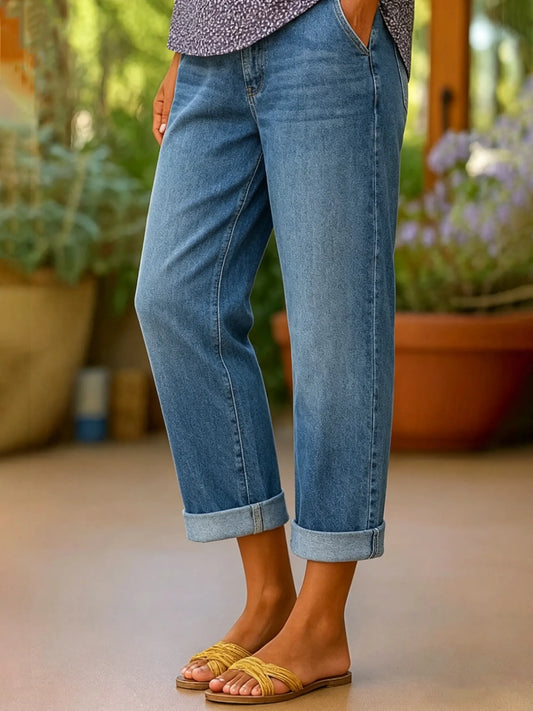 Women's Denim Cuffed Ankle Straight Leg Pants