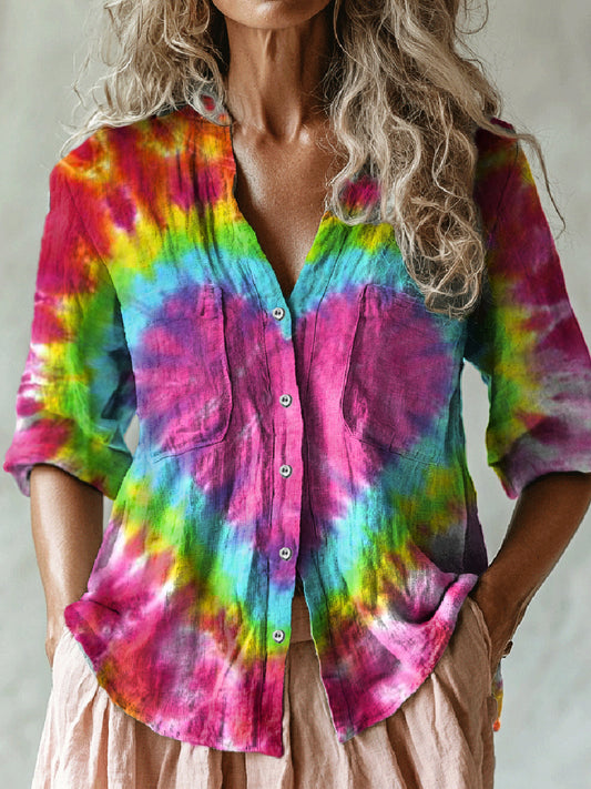 Women's Colorful Tie Dye Love Print Casual Long Sleeve Comfortable Cotton Shirt