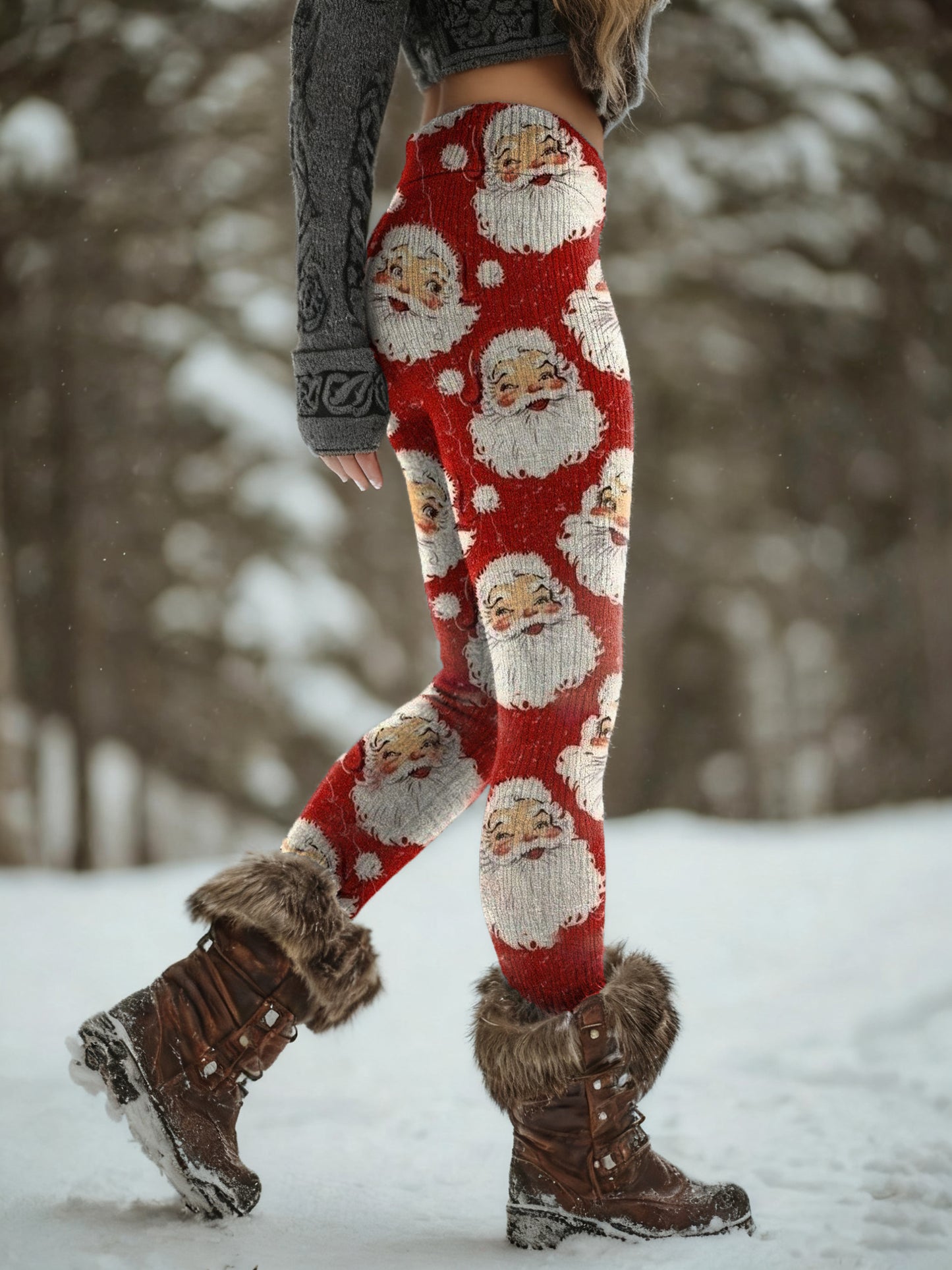 Women's Retro Santa Claus Art Print Knitted Leggings