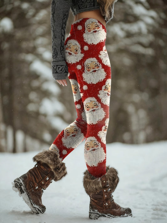 Women's Retro Santa Claus Art Print Knitted Leggings
