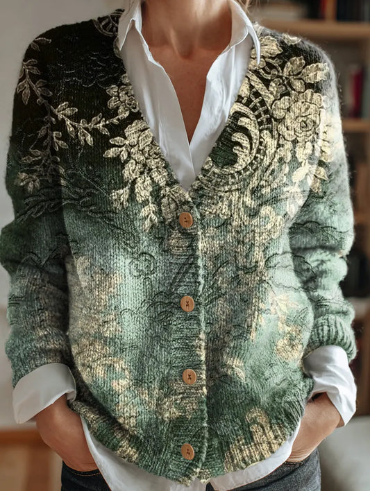 Women's Retro Ethnic Floral Pattern Print V-Neck Button-Up Knit Cardigan
