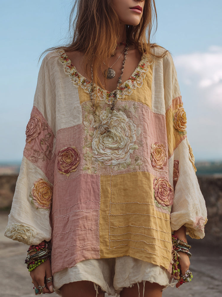 Women's Retro Bohemian Rose Pattern V-neck Shirt