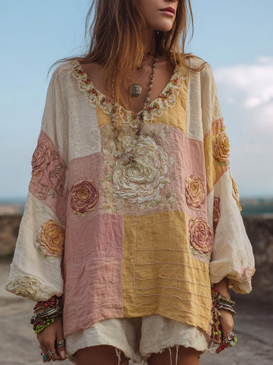 Women's Retro Bohemian Rose Pattern V-neck Shirt